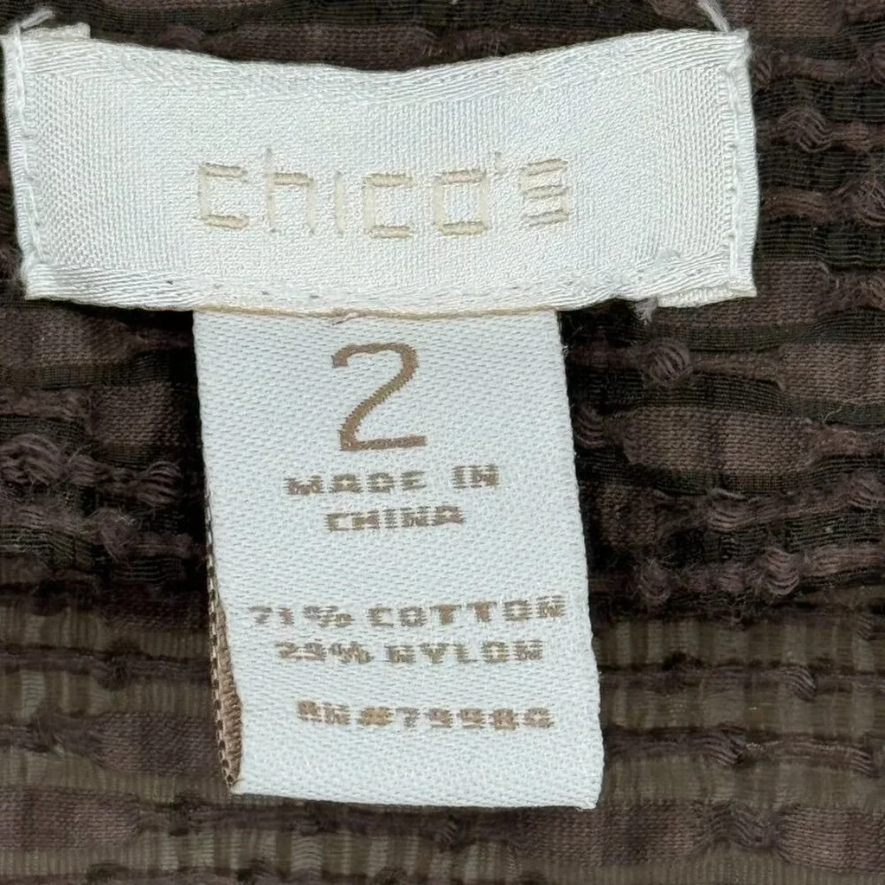 Chicos 2 Womens Brown Open Front jacket Size large Cotton embroidered crinkle